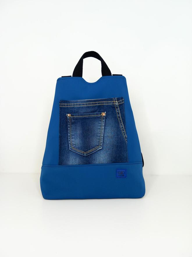 mochila antirrobo neopreno azul y vaquero reciclado