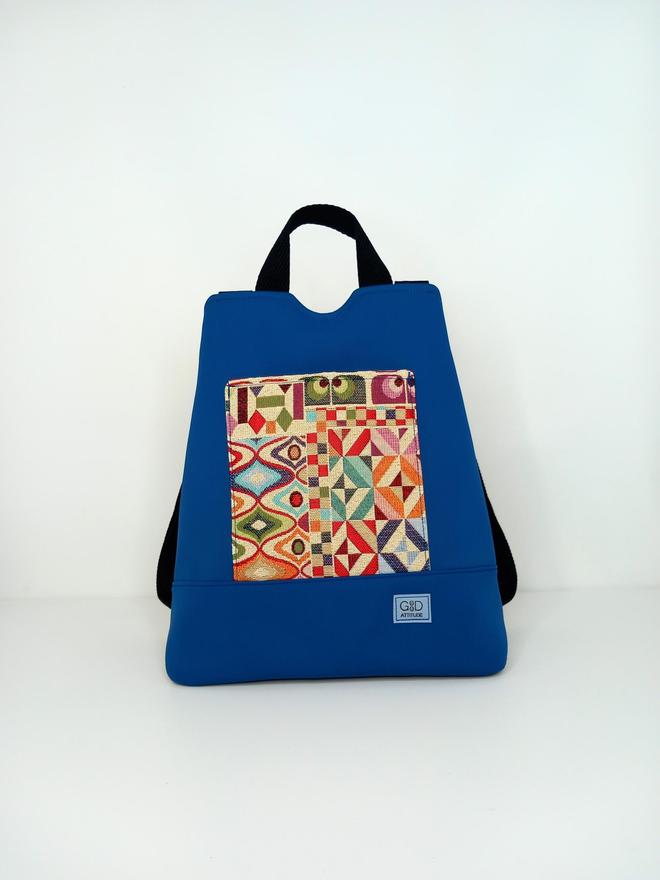 mochila antirrobo neopreno azul y colorido